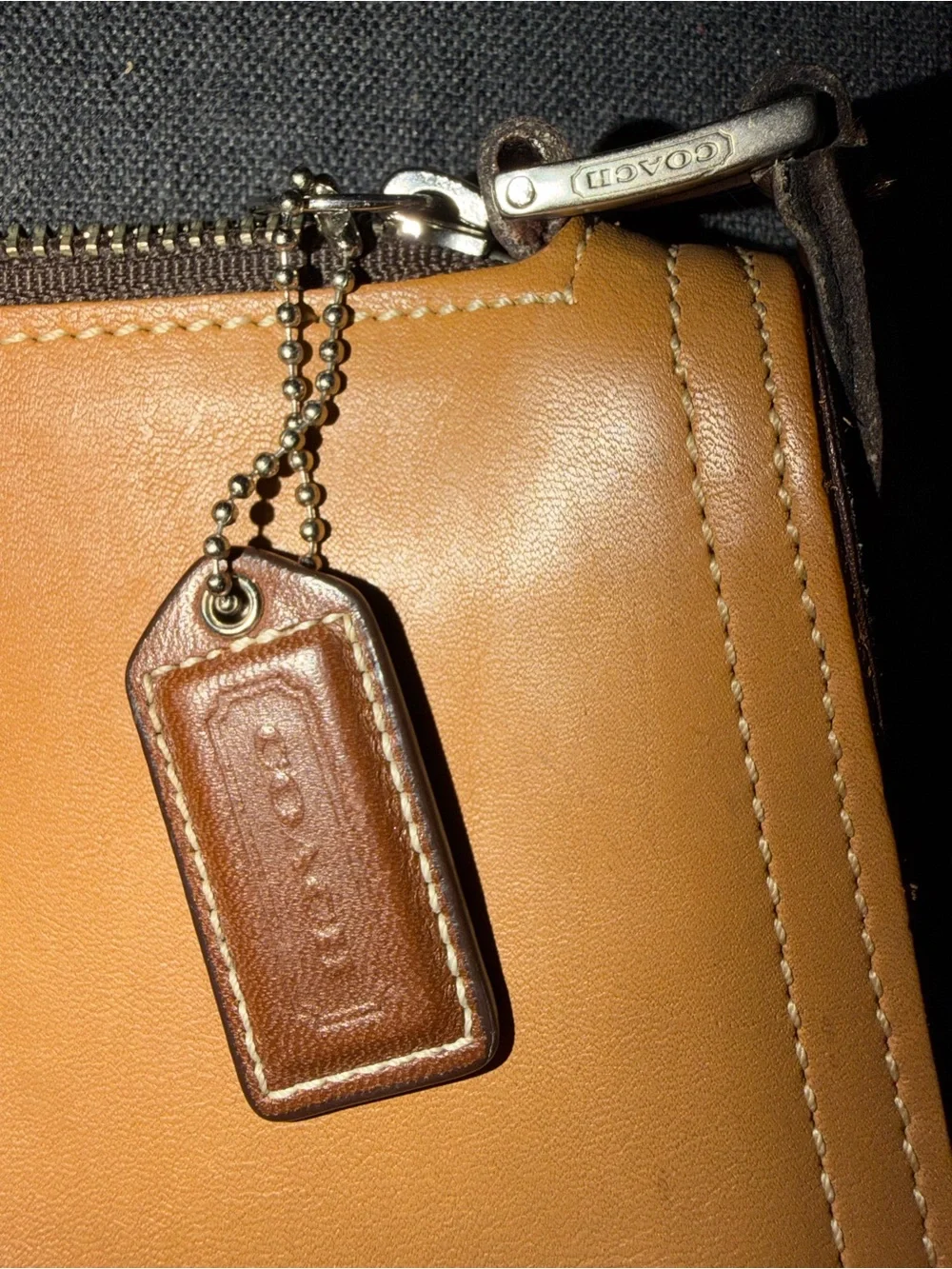 Coach Tan Leather Zip Pouch with Branded Leather Tag